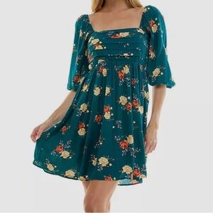 As U Wish Teal Floral Square-Neck Mini Dress